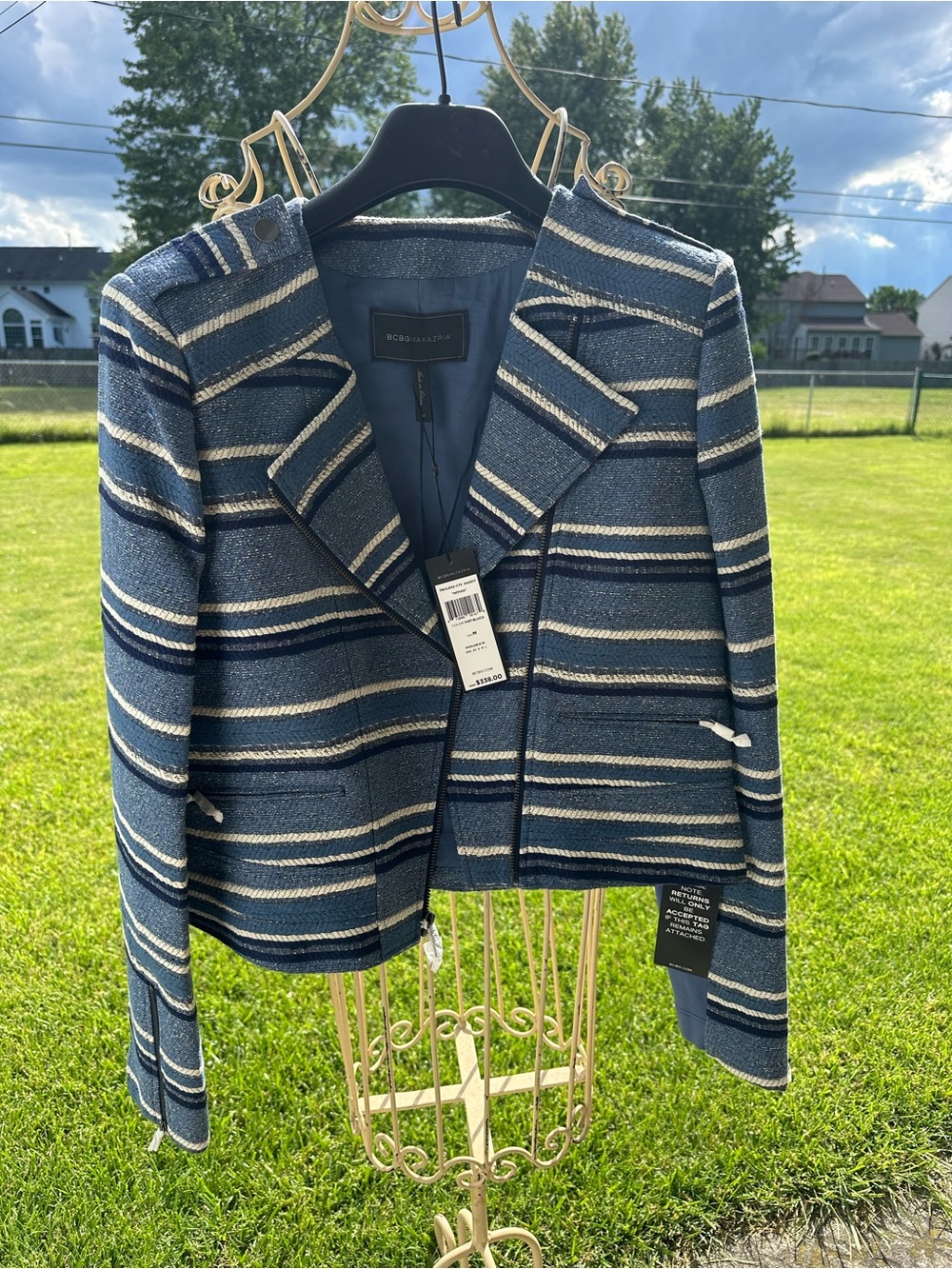 BCBGMaxAzria Blue and White Striped Women's Blazer
